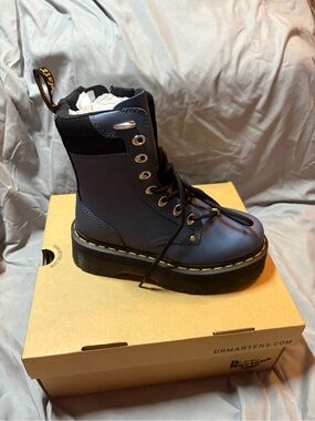 Dr. Martens Navy Blue Lace-Up Platform Boot with Yellow Stitching